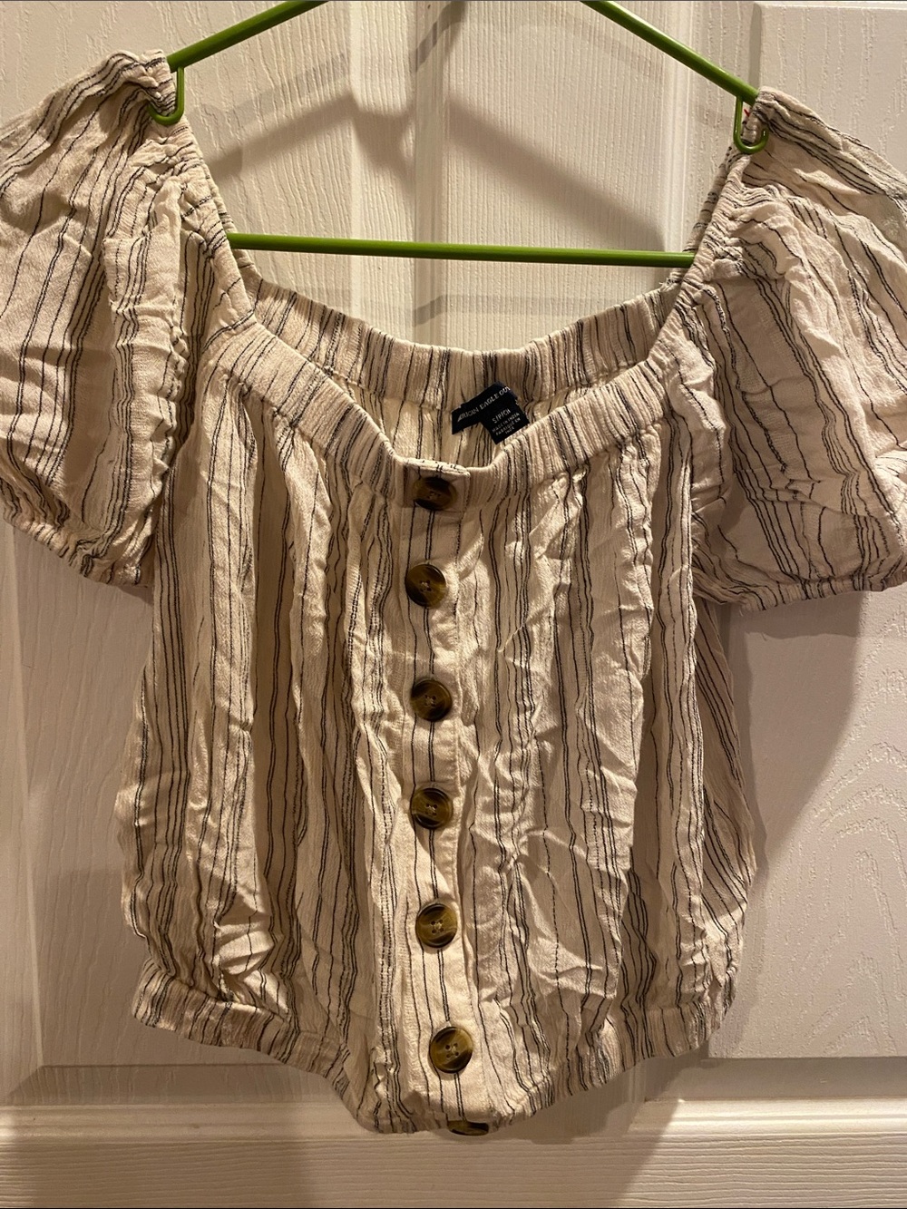 American Eagle Outfitters Cream Stripe Off-Shoulder Button Crop Top size S